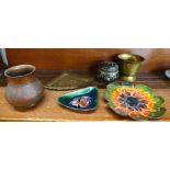 Three metal enamelled items; a cloisonne pot, a vase, etc.