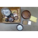 A collection of wooden items, bowls, a tray, a barometer, pots, glass, ship in dome and a lighter/