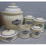 The 1869 Victorian Pottery Company storage jar set; bread crock, flour, biscuits, butter, garlic and