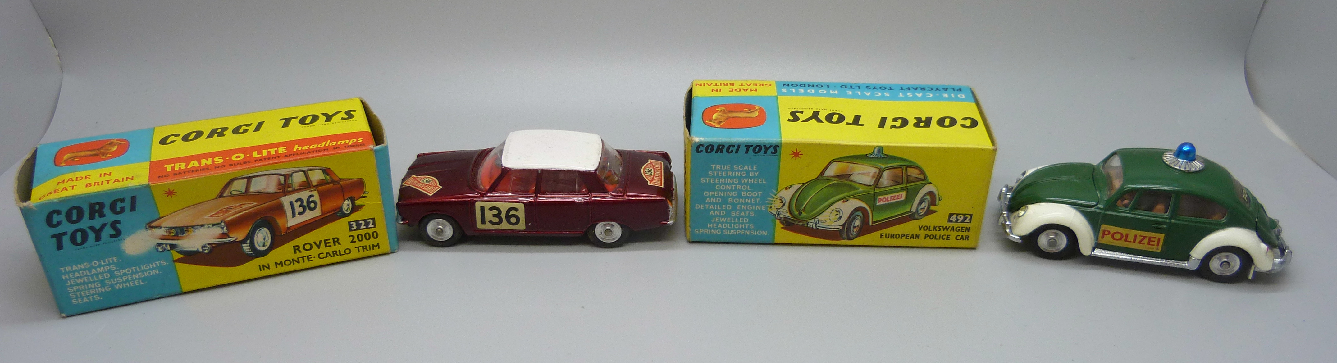 Two Corgi Toys, 322 Rover 2000 in Monte-Carlo Trim and Volkswagen European Police Car, both