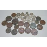 A collection of coins, including silver 3d, 1834 one cent, 1853 one dime, etc.