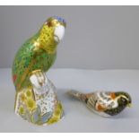 Two Royal Crown Derby paperweights, Amazon Green Parrot, (limited edition) and Bunting, both with