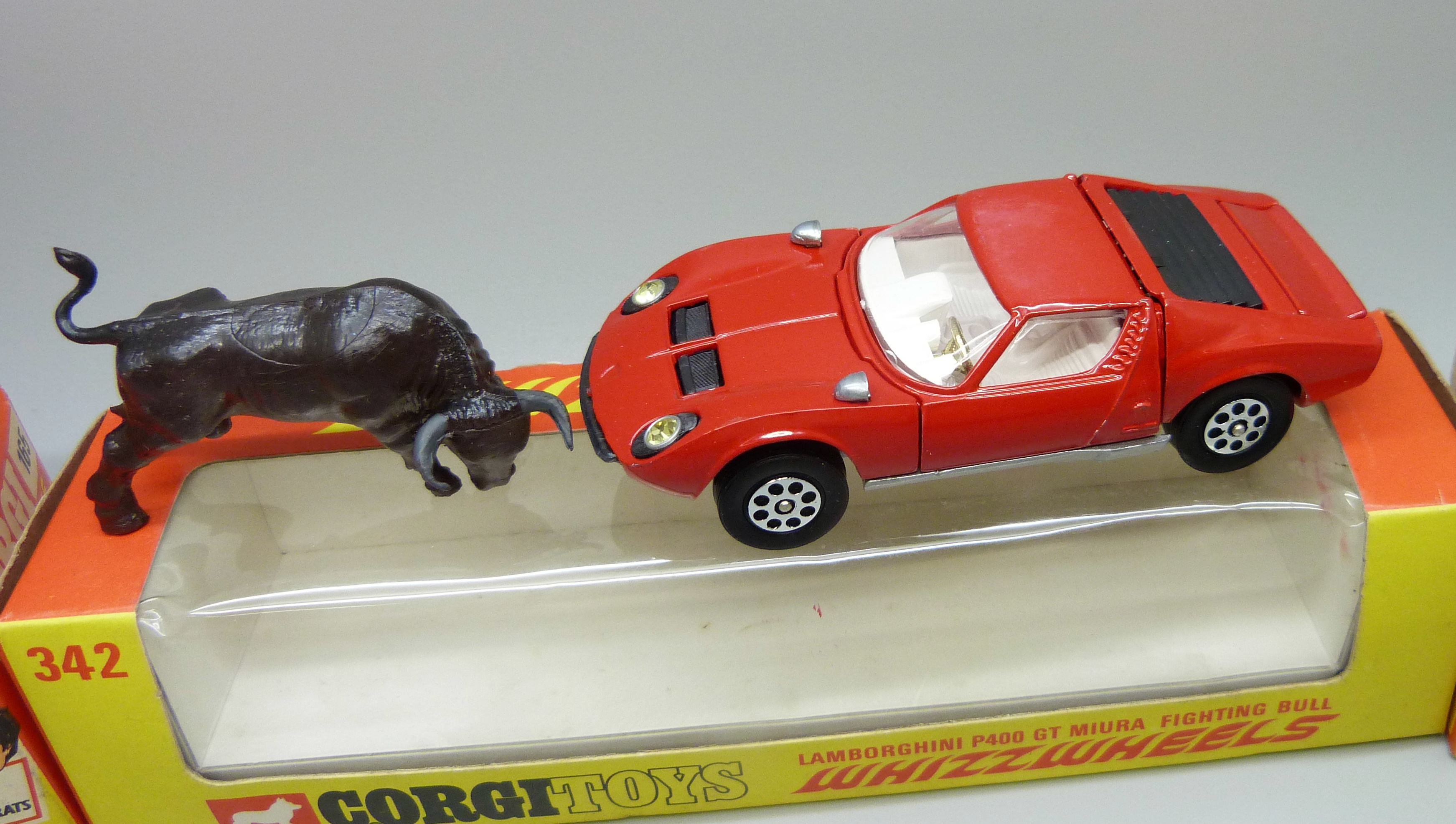 Three Corgi Toys Whizzwheels, 165, 372 and 342 Lamborghini P400 GT Miura Fighting Bull, boxed, ( - Image 3 of 6