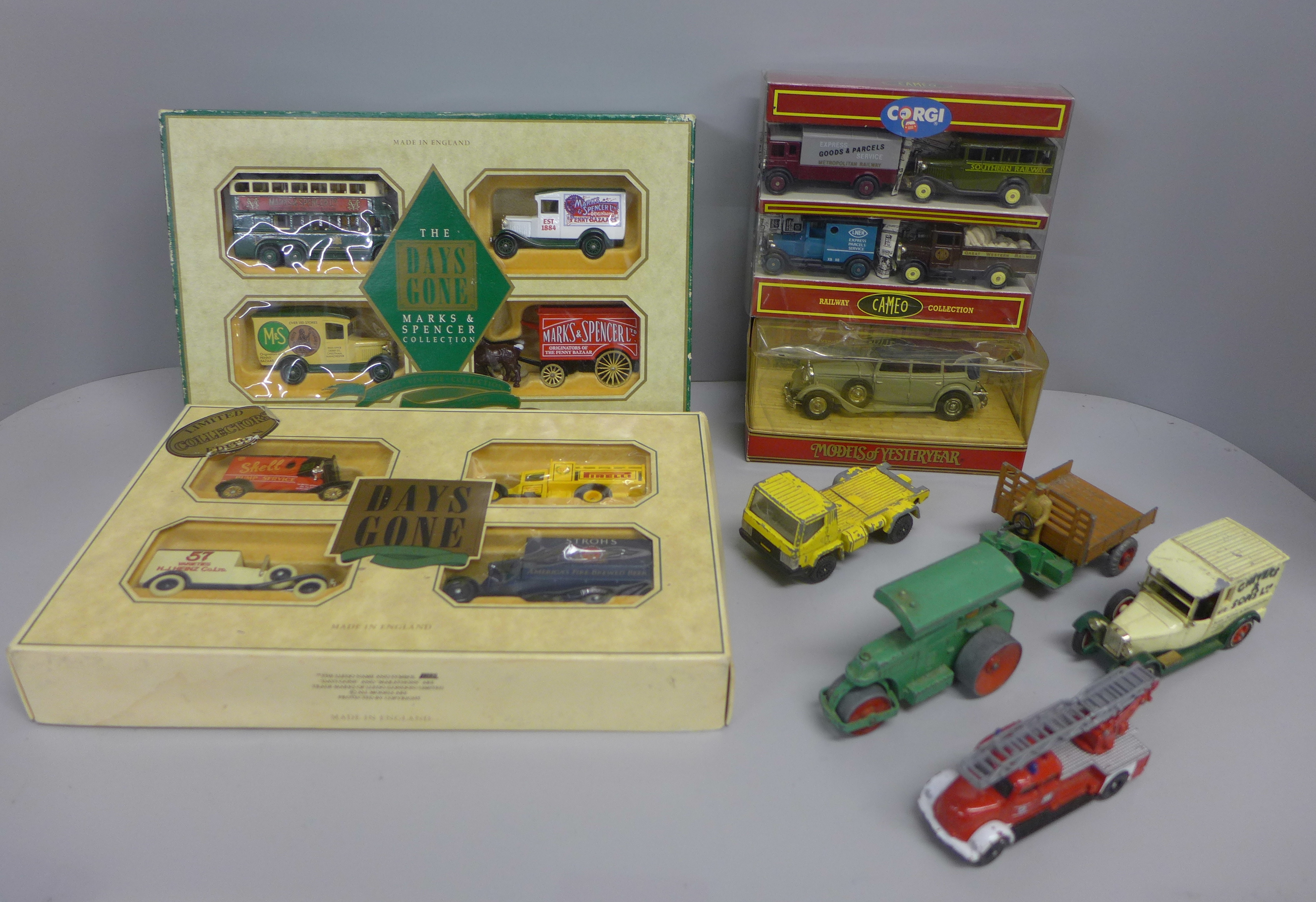 Dinky and Corgi die-cast model vehicles, playworn and two Lledo Days Gone sets