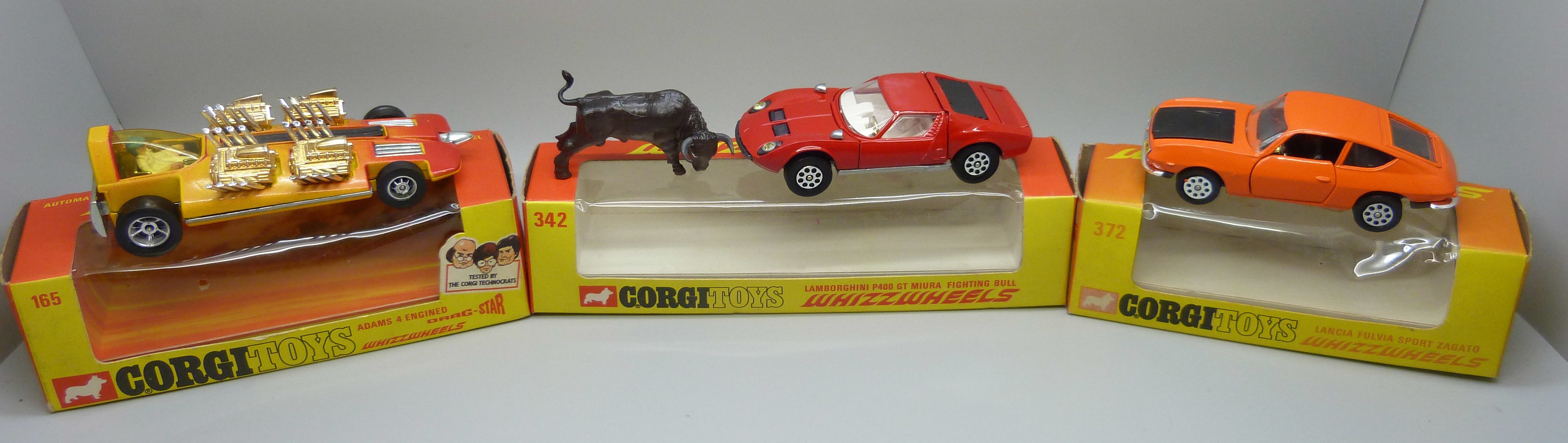 Three Corgi Toys Whizzwheels, 165, 372 and 342 Lamborghini P400 GT Miura Fighting Bull, boxed, (