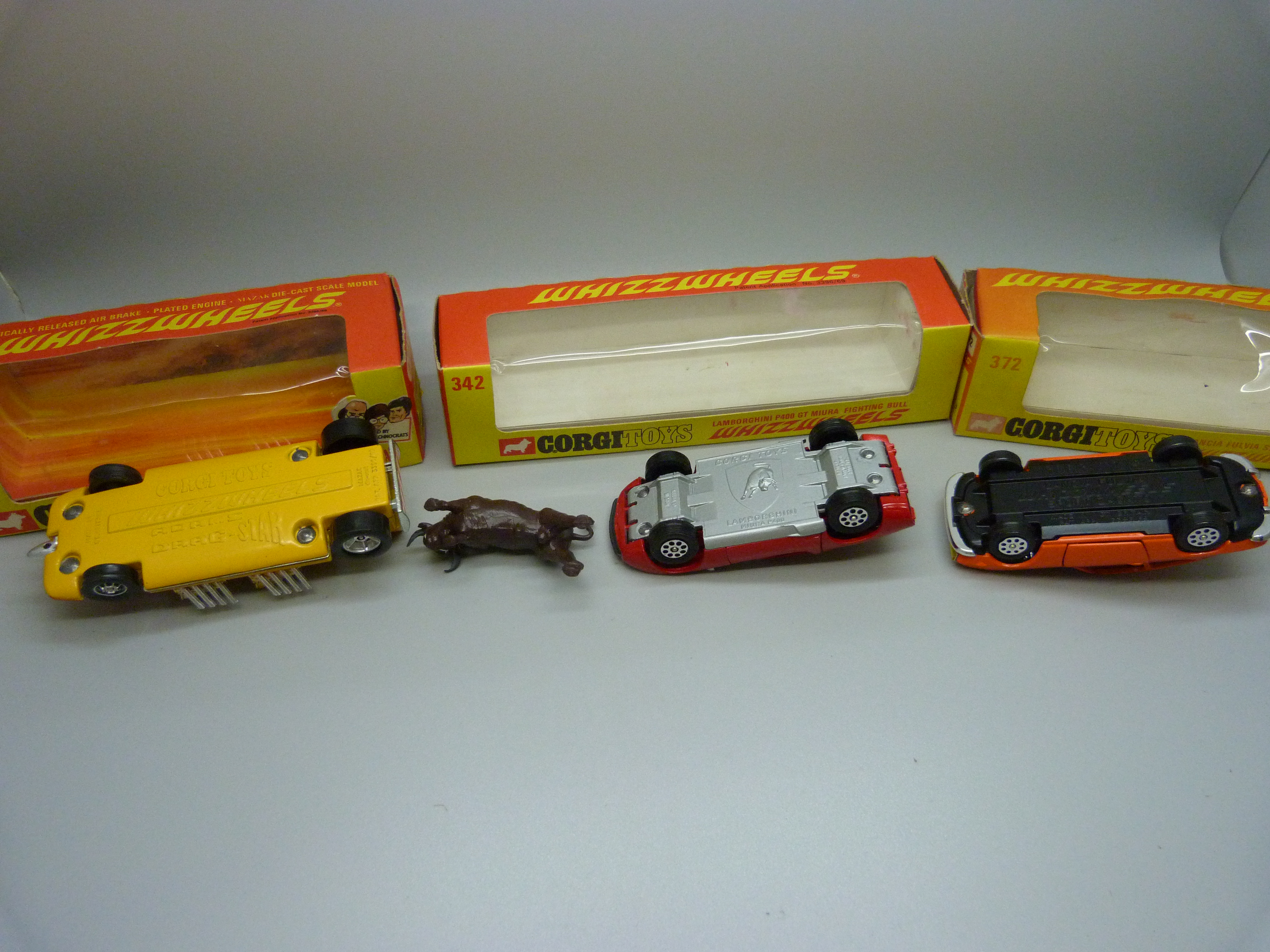 Three Corgi Toys Whizzwheels, 165, 372 and 342 Lamborghini P400 GT Miura Fighting Bull, boxed, ( - Image 6 of 6