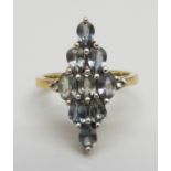 A silver gilt, green/grey stone marquise dress ring, S