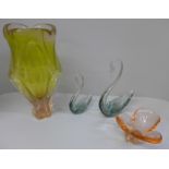 Four items of art glass including two swans, large vase with chips to base