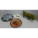 A ceramic model of a bull, a French ceramic cake stand and two enamelled dishes, one marked Brumm