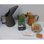 Three oil pourers including Halfords, Gulf, etc., and small tins, two with contents