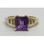 A 9ct gold, amethyst and diamond ring, 3.1g, O