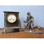 A 19th Century Belge noir mantel clock a/f and a bronze figure of huntsman and dog