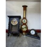 A beech wall clock, mantel clock and a barometer