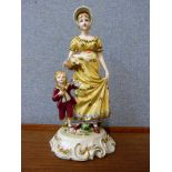 A Dresden style painted porcelain figure of a lady and child