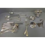 EPNS cutlery, an Art Nouveau .925 candle holder, a/f, silver mustard spoon, plated trophy, a/f and