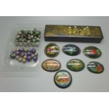 A collection of cloisonne beads, hand painted brooches and a Japanese papier mache box