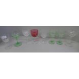 Eight assorted 19th and 20th Century wine glasses, four with coloured glass