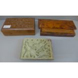 A carved onyx box, a wooden box with metal inlay and a maple pen box/rest