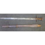 A late 19th Century Sudanese Kaskara sword with leather scabbard