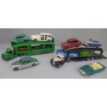 Two Dinky Toys car transporters and model vehicles