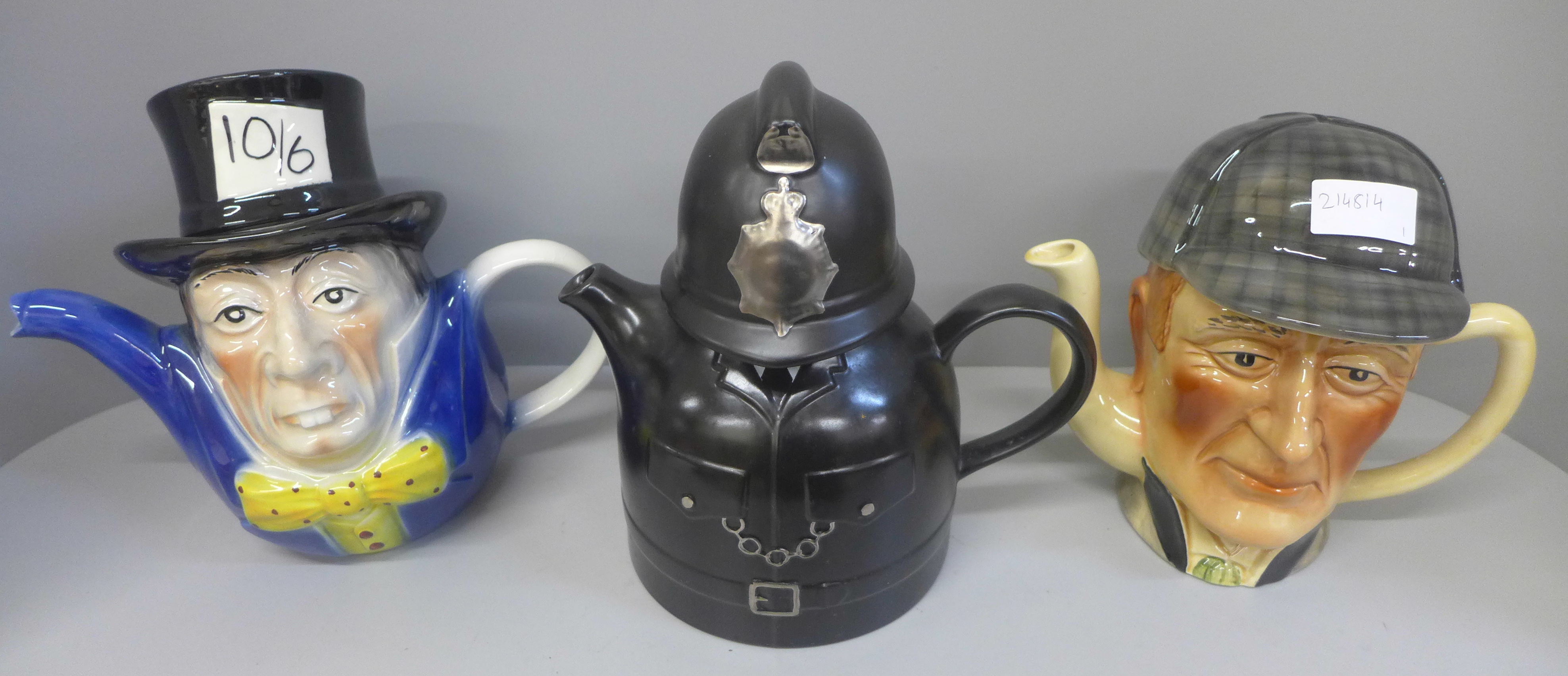 A 1970's Policeman teapot by Carlton Ware, a Mad Hatter teapot and a Sherlock Holmes teapot by