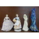 Three Royal Worcester limited edition figures including Belle of the Ball, and a dress ornament/vase