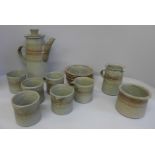 1970s studio pottery, Tony Gant Studio coffee service, pot, cream, sugar and six cups and saucers