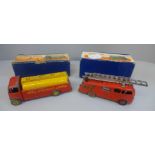 Two Dinky Toys die-cast model vehicles, 591 AEC Tanker and 555 Fire Engine, both boxed