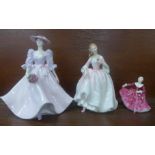 A Coalport figure and two Royal Doulton figures