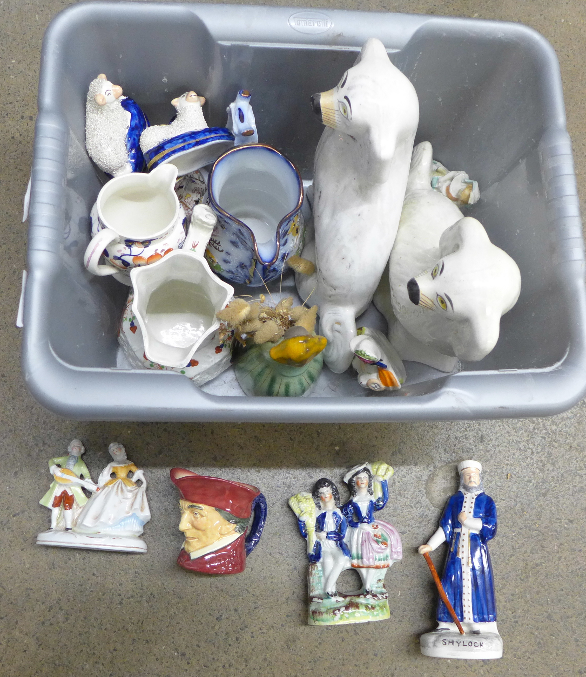 A pair of Staffordshire spaniels, Staffordshire figures, a jug decorated with deer, etc. **PLEASE