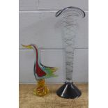 A Murano glass duck and a studio designer glass vase, signed I. Stefanik