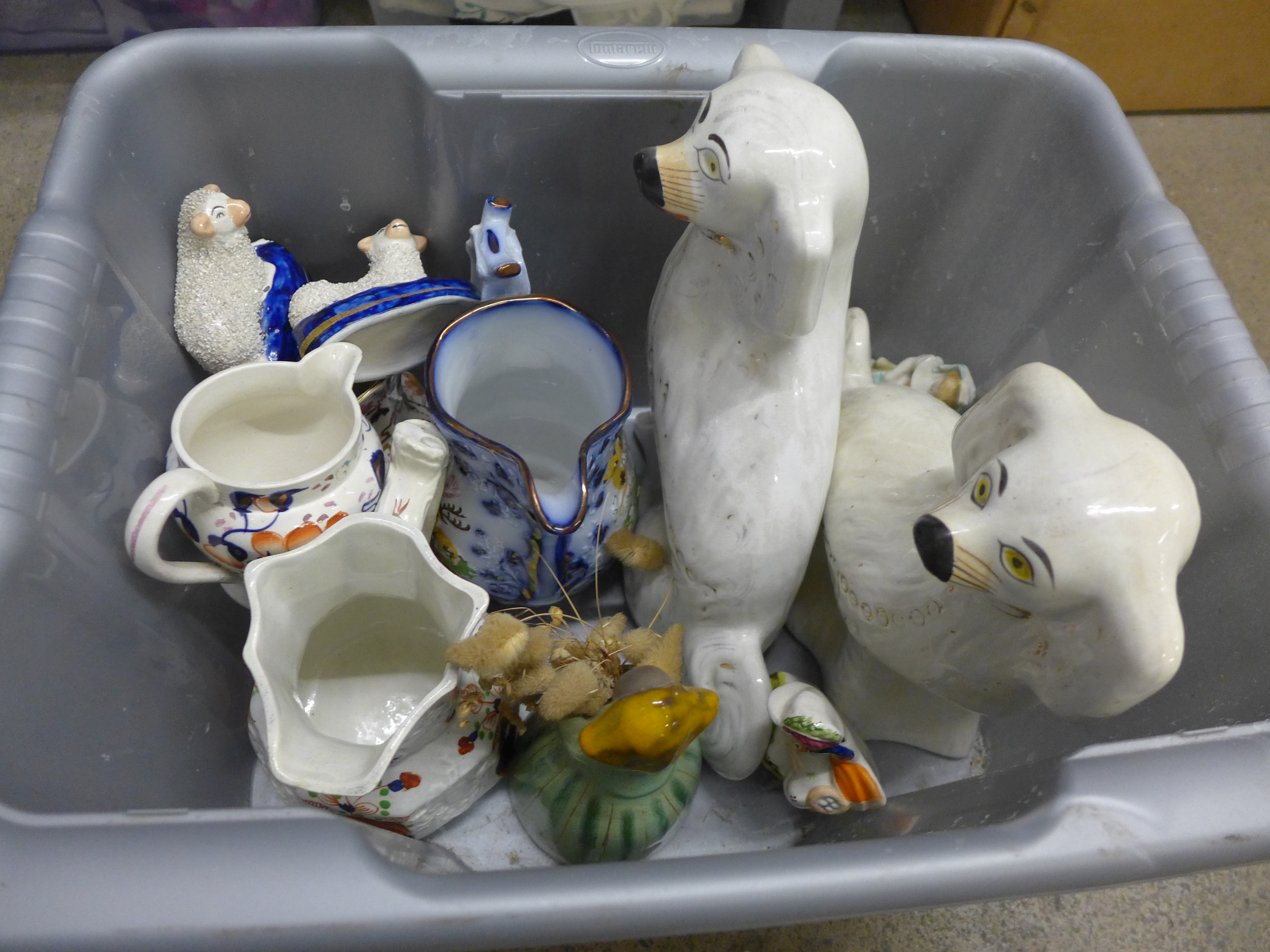 A pair of Staffordshire spaniels, Staffordshire figures, a jug decorated with deer, etc. **PLEASE - Bild 2 aus 2