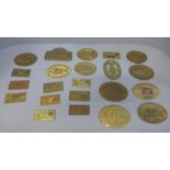 A collection of brass plaques, mostly steam engine related