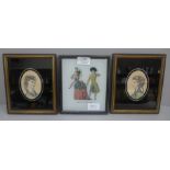 Two Victorian portraits and a glass print, portraits 15.5cm wide