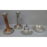 A pair of circa 1830 cannon barrel candlesticks, a Mappin & Webb coaster and an inkwell
