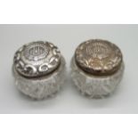 Two Wolsey Lodge No. 1656 silver topped glass pots, dated 1908
