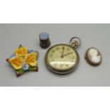A 9ct gold cameo brooch, 6.6g, a Railway Timekeeper pocket watch, a silver thimble and a china