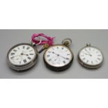 A silver pocket watch, a fine silver fob watch lacking loop and a gun metal cased pocket watch
