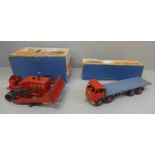 Two Dinky Toys die-cast model vehicles, 561 Blaw Knox Bulldozer and 505 Foden Flat Truck, both boxed