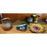Two metal enamelled items, a cloisonne pot, a vase, a brass pot and a similar dish, (6)
