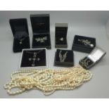 A collection of marcasite and pearl set silver jewellery