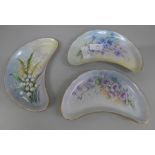 Three hand painted curved trays by Shelley