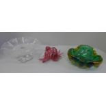 A heavy coloured glass ashtray, glass bird ornament and glass comport