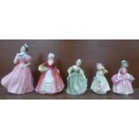 Five Royal Doulton figures, Camellia, Janet, Fair Maiden, Bo-Peep and Babie