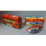 Two Chinese tin-plate friction toys, Express Bus and Rocket Racer