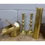 A trench art coal hod and shell vase and a pair of brass candlesticks