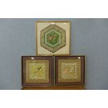 Three Chinese silk work embroideries framed