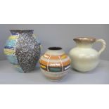 Three items of 1970's West German pottery by Carstens: a large vase with applied blue and yellow