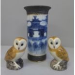 A Chinese blue and white sleeve vase, 15cm, a/f and an Owl salt and pepper pot