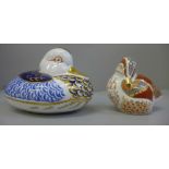Two Royal Crown Derby paperweights, Teal Duckling and Mallard, both with gold stoppers